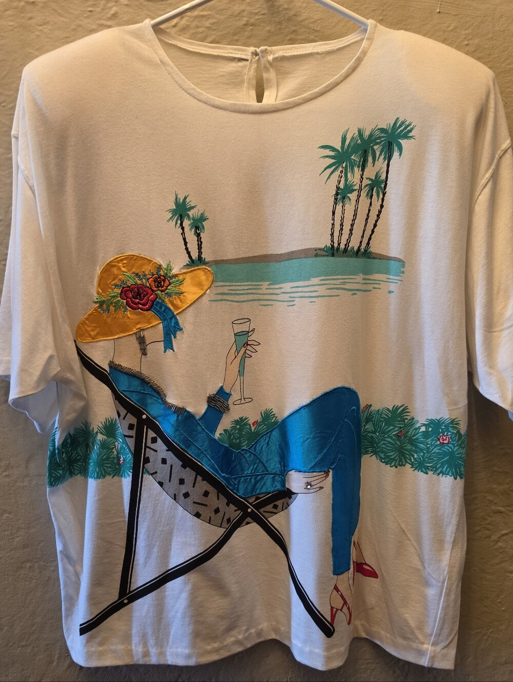 Vintage 80s/90s Style Resort Woman Graphic Appliqué Top Shoulder Pads White